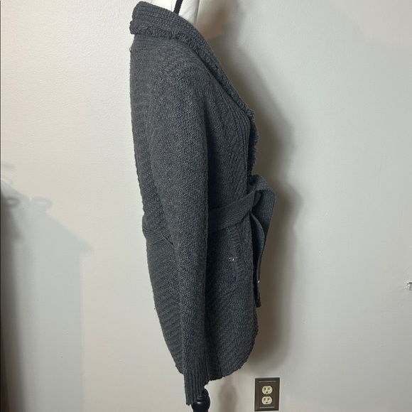 NWT White House Black Market Heather grey fringe shawl collar tie belt cardigan - Picture 7 of 14